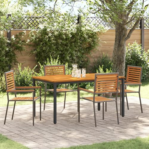 IBUQDDV 5-teiliges Garten Esszimmer Set Grau Poly Rattan Akazie mit 4 Stühlen, Wetterfeste Outdoor Möbel für Terrasse Balkon, Stapelbare Sitzgruppe aus Metall und Holz, Elegantes