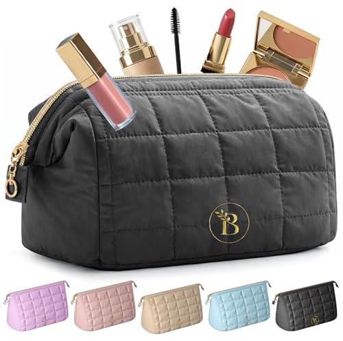 Gesteppte Make Up Tasche mit großer Öffnung und Innenfächern | Mit abwischbarem PVC Fach und robusten Reißverschlüssen für unterwegs, Schwarz, 1 Stück