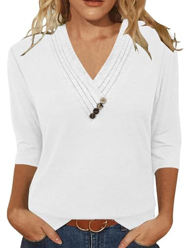 Famulily Womens 3/4 Sleeve Tops Pleated V Neck Summer Ladies Blouses with Buttons Detail