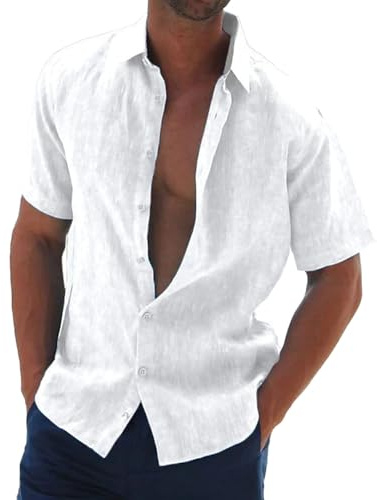 Relwxea Mens Linen Shirts Short Sleeved Summer Beach Shirt Regular Fit Cotton Shirt Button Down Loose fit Holiday Shirt
