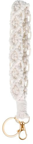 Bruislard 1 Stück Schlüsselband Kurz Boho Geflochtener Schlüsselanhänger Schlüsselbund Stoff Schlüsselanhänger Band Gehäkelt Handgelenk Lanyard Armband Schlüsselband für Frauen Damen(Weiß)