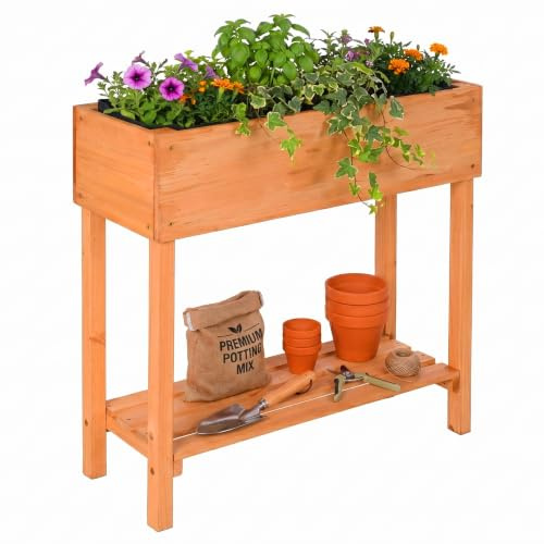 Relaxdays Hochbeet, Garten, Balkon & Terrasse, mit Ablage, orange | Holz & Vlieseinlage, HBT: 80x80x30 cm, Pflanzenbeet