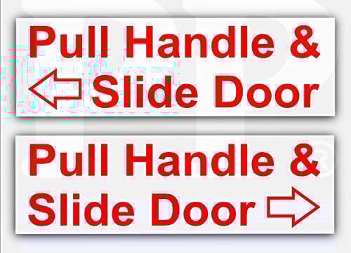 2 x T46E Pull Handle and Slide Door to Open Stickers Set of 2 Red On White Signs Left and Right Arrows Hackney Mini Cab Taxi Minicab Safety 150x50mm