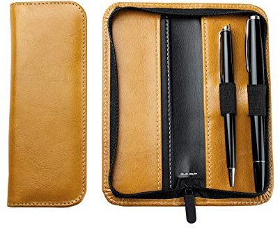 DELMON VARONE - Personalisierbares Schreibgeräteetui aus Vintage Anilin Leder braun, Echtleder Stifte Etui mit Reißverschluss für 2 Schreibgeräte, Stiftemappe für hochwertige Kugelschreiber & Füller