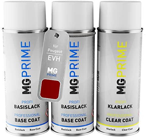 MG PRIME Autolack Sprühdosen Set für Peugeot EVH Rouge Elixir Nacre/Elixir Rot Metallic Grundlack Basislack Klarlack Spraydose 400ml