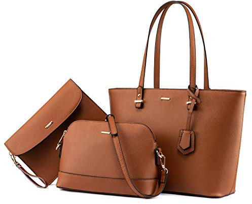 LOVEVOOK Borsa a Mano Donna Set Borsa a Tracolla Borsa Epuale in Pelle PU Borsa A Mano 3 Pezzi Grande Borsa Tote Medio Grande, marrone, M