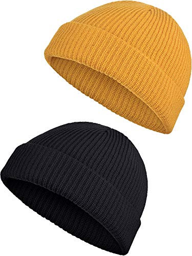 2 Stücke Winter Warme Mütze Hut Strickmanschette Hüte für Männer Tägliches Tragen (Schwarz, Gelb)