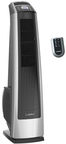Lasko High Velocity Oscillating Tower Fan for Bedroom, Garage, Basement, and Gym with Remote Control, Timer, 3 Powerful Speeds, 35 Silver/Black, U35115