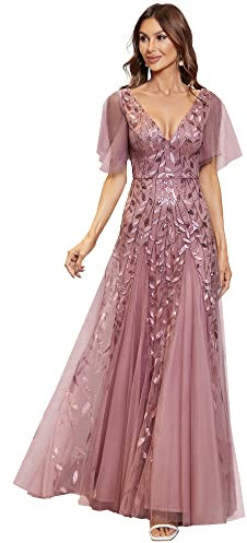 Ever-Pretty Robe de Soirée Femme Longue Tulle à Paillettes A Line Manches Courtes Évasées Col V Orchidée 42