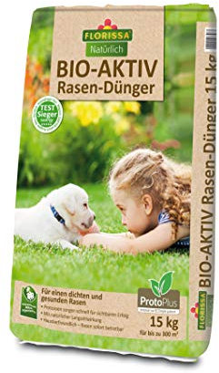Florissa Natürlich 58796 Bio-AKTIV Rasendünger 15 Kg mit ProtoPlus, TEST-SIEGER mit Sofort- und Langzeitwirkung