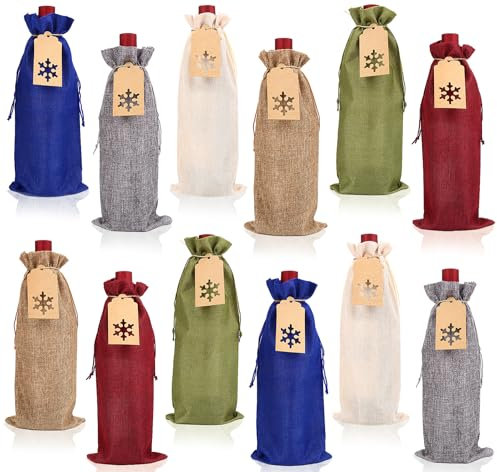 FINGOOO Burlap Wine Gift Bags, 12 Pcs Drawstring Bottle Covers with Gift Tags for Christmas Party