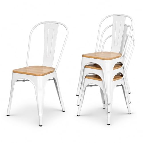 Kosmi Silla Industrial Blanca de Metal y Madera – Estilo Factory Vintage – Asiento de Madera Natural – Silla para Comedor, Cocina, Restaurante y Cafetería – Apilable y Resistente