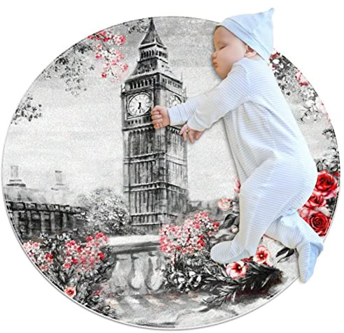 WARMFM Vintage Eiffelturm Big Ben Rose Blumen Sofa Teppiche Bodenmatte Runder Teppich für den Kücheneingang 27,6x27.6IN