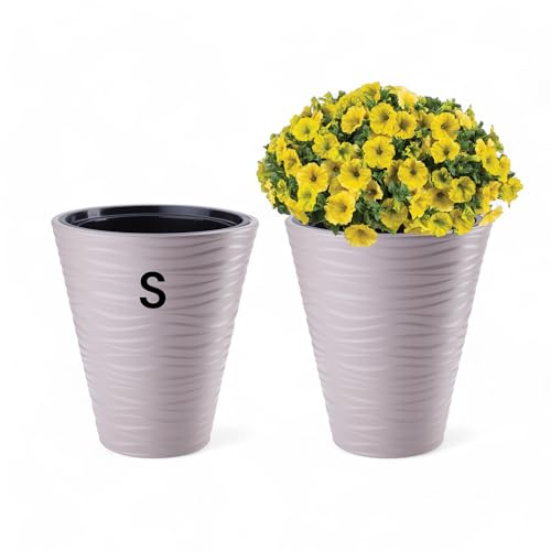 MELTOM Pot de Fleurs étroit et Rond avec Effet 3D ondulé, Insert Amovible Haut (Taupe, S - 34 cm)