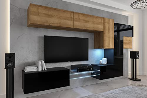 Furnitech Wohnwand Wohnzimmer | Wohnzimmer Möbel mit LED Weiß | Hängend Wohnwand Modern | Wohnzimmer Schrankwand mit Regale und TV Schrank (AN92NEW-21DZB-HGM27)