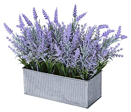Vlorart Artificial Lavender Decor, Fake Lavender Plant in Decorative Silver Metal Pots, Faux Lavender Plant Artificial Flowers for Farmhouse Home Decor Office Bathroom Desk Room Indoor Outdoor