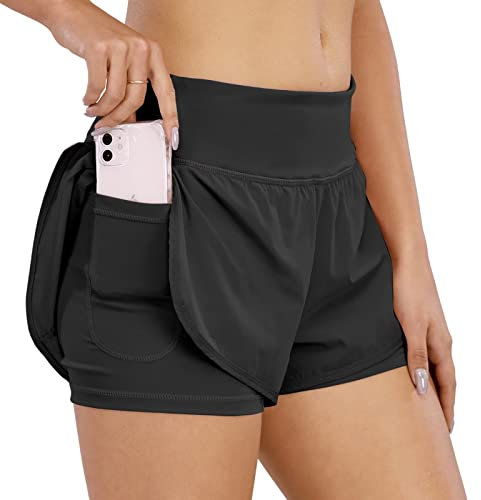 COTOP Laufhose Damen Kurz, 2 in 1 Sporthose Kurze Sommer mit Tasche, Midwaist Sport Shorts Teenager Mädchen mit Elastisch Unterhose für Volleyball, Joggen, Gym (Schwarz XS)