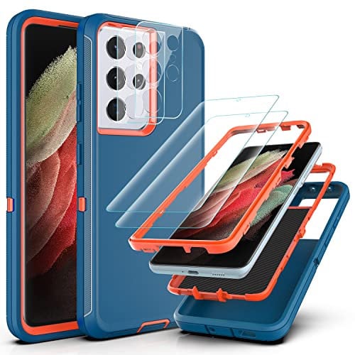 YmhxcY Coque pour Galaxy S21 Ultra avec 2 Protection écran et 2 Protection Camera Photo 3 en 1 Protection Intégrale Étui pour Samsung Galaxy S21 Ultra-Blue/Orange