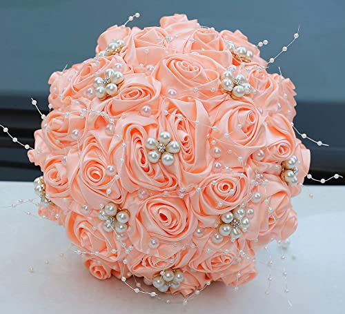 Sharebeauty 18 cm handgefertigter Rosenstrauß aus Satin für Brautstrauß, rund, Hochzeitsstrauß, Überwurf, künstlicher Blumenstrauß, helle Koralle