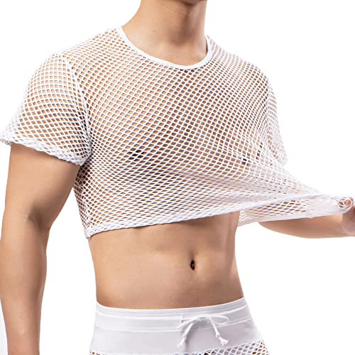 YOOBNG Men's Fishnet Crop Tops Mesh T Shirt See Through Undershirt Nightwear Sheer Shirt