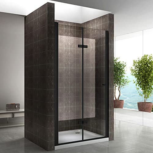 MONABLACK Porte de douche noire pliante pivotante H 195 cm largeur réglable de 100 à 104 cm verre transparent