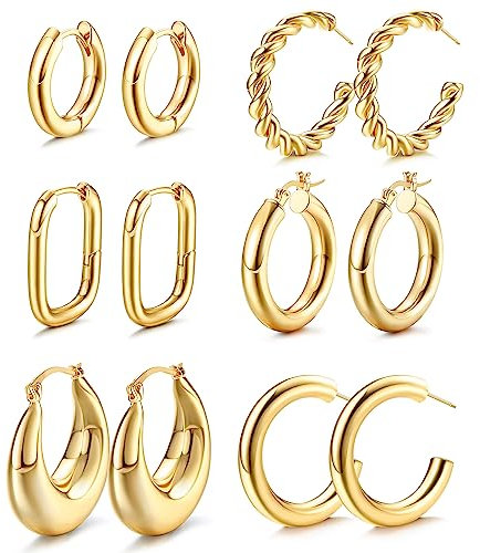 Morfetto Gold Klobige Creolen Set für Frauen, 14 Karat Vergoldet Dicke leichte hypoallergene Creolen Packung Verdrehte Huggie Offene Creolen Set Schmuck für Damen Geschenke (Gold2-6 Paare)