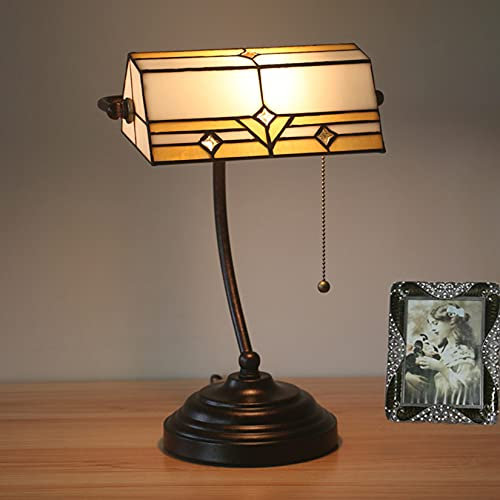AIBOTY Banker-Lampe Tiffany-Buntglas-Tischlampe Vintage-Büro-Leseschreibtischlampe, Verstellbarer Lampenschirm, Aluminiumsockel, Reißverschlussschalter, Akzent-Schlafzimmer-Klavierlampe,Retro