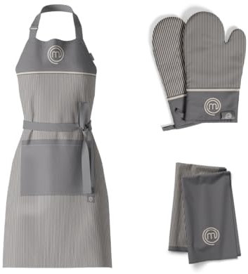 MasterChef Lot de Torchon Cuisine, Tablier Cuisine et Gants Four/Maniques, Motif Rayé Gris, Lavable en Machine, Résistant à la Chaleur