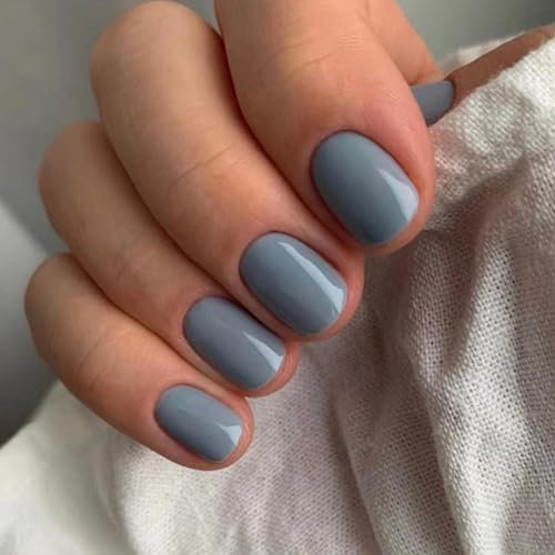 Ceboic Français Faux Ongles Court Carré Couleur Pure Press on Nails Ballerine Glossy Glänzend Ongles à Coller Acrylique Pleine Couverture Ongles à Presser 24Pcs pour Femmes et Filles(Bleu Clair)