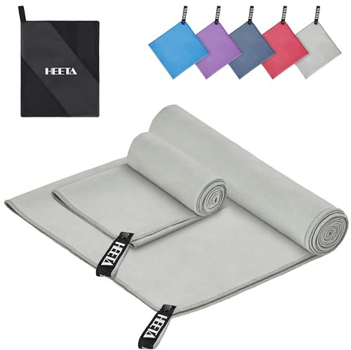 HEETA Mikrofaser Handtücher Set 2 Stück (80x40cm + 180x90cm) -Weich Schnelltrocknende Handtücher für Fitness, Sauna und Outdoor-Aktivitäten, Microfiber Towel mit Aufbewahrungsbeutel, Grau