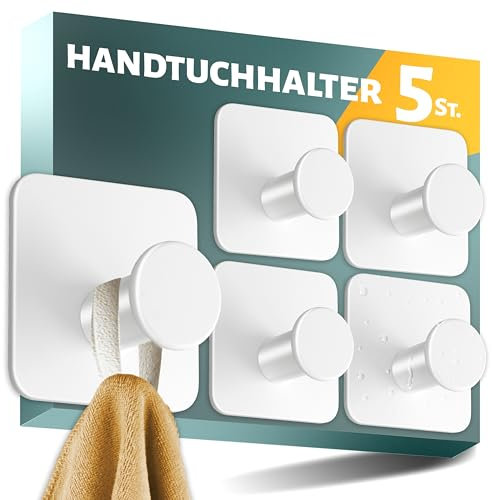 Menz Handtuchhalter ohne Bohren, 5er SET - Stilvolle weiße Haken selbstklebend mit 3M-Spezial-Klebe-Pads - Moderne Klebehaken ideal als Wandhaken, Handtuchhaken Bad rostfrei