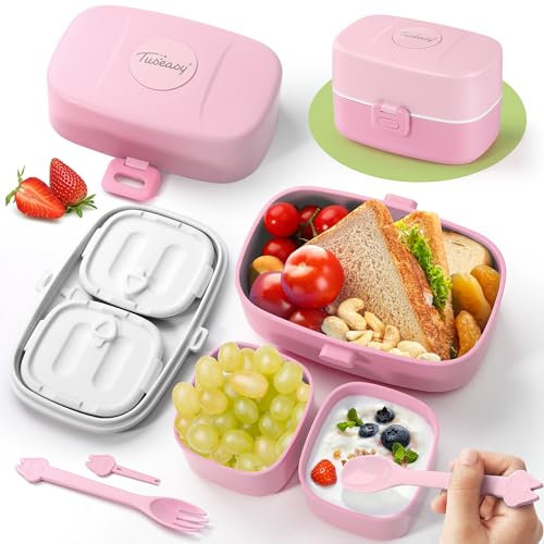 TUSEASY Fiambrera Infantil - Bento Lunchbox Comida a Prueba de Fugas para Niños Colegio - Loncheras con Compartimento y Cubiertos - Sin BPA - Apto para Microondas y Lavavajillas - 860 ml - Rosa