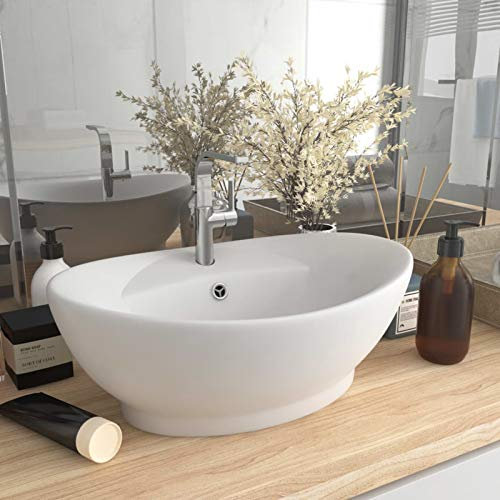 ARKEM Luxus-Waschbecken Überlauf Oval Matt-Weiß 58,5x39 cm Keramik Waschtischunterschrank FüR Aufsatzwaschbecken