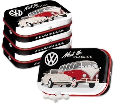 Nostalgic-Art Retro Pillendose, 4 x 6 x 1,6 cm, VW – Meet The Classics (4er-Set) – Volkswagen Bus Geschenk-Idee, Original Lizenzprodukt (OLP), mit Pfefferminz-Dragees, Vintage Design