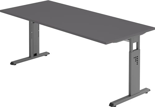 bümö höhenverstellbarer Schreibtisch O-Serie 180x80 cm in Graphit, Gestell in Graphit - großer PC Tisch für's Büro manuell höhenverstellbar, Computertisch verstellbar