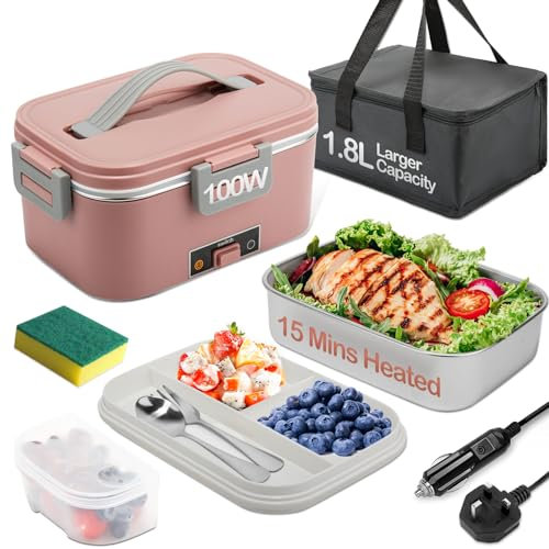 BYbrutek Electric Lunch Box 100W, 1.8L Removable Stainless Steel, 3-in-1 Portable Heated Lunch Box, 12V/24V/220V Insulated Heat Box for Car/Truck/Office/Home, with Insulated Bag and Sponge (Pink)