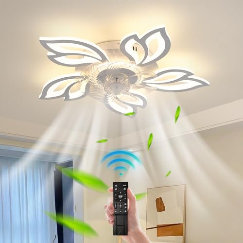 JIINOO Ceiling Fans with Lights and Remote, Modern White LED Acrylic Fan Light, Silent Dimmable Adjustable Wind Speed Reversible Motor, Ceiling Fan for Living Room, Bedroom, Kitchen, 68 cm