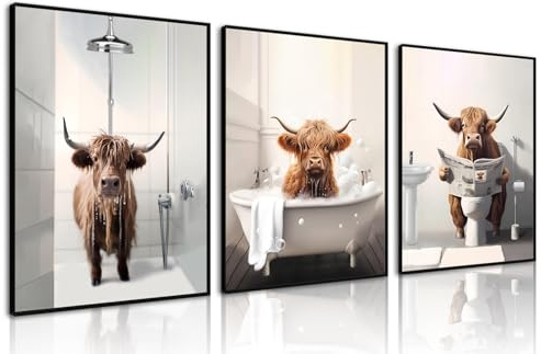 LNLAGBO Hochlandkuh Wandkunst, lustige Hochlandkuh, Badezimmer-Dekoration, Tier, Badezimmer-Wandkunst, braunes Rind in der Badewanne, Poster für Badezimmer, Bauernhaus, Wohnzimmer, Büro, 30,5 x 40,6 x