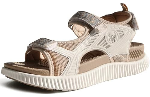 KuaiLu Sandales Randonnée Femmes Sport d'extérieur Confortable Marche Orthopedique Réglables Cuir été Ouverte Trekking Sandale Randonnee Léger Antidérapante Soutien Voûte Plantaire Sandales Beige 41