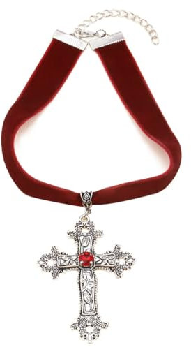 Caiguoer Gothic Silber Vintage Kreuz Halskette Große Gravierte Blume Kreuz Halsband Halskette Halloween Accessoires für Frauen Mädchen, Metall