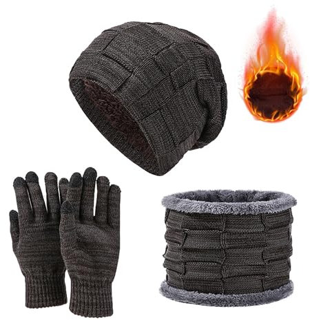 JXCTNNU Mütze Schal Handschuh Sets Wintermütze Unisex Beanie Strickmütze Winterschal Thermo Touchscreen Handschuhe Ski 3-in-1 Wintermütze Verdickung Set für Herren Damen (Braun)
