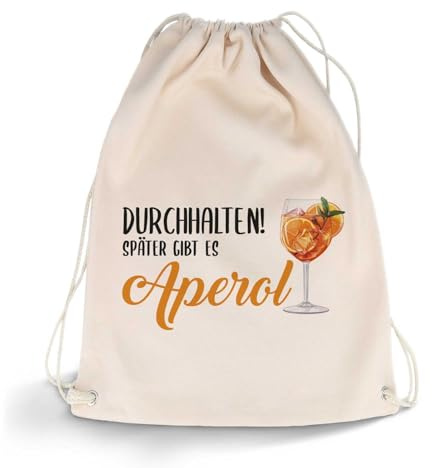 GRAVURZEILE Bedruckter Turnbeutel mit Aperol Spritz Motiv - Durchhalten später gibt es Aperol - Aperol Geschenk für Männer, Frauen, Freundin - Geschenk für Aperol Liebhaber - 12 Liter 33x45 cm
