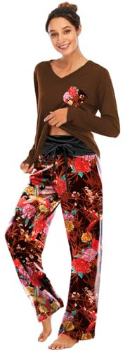 Famulily Women Pajama Set Floral Pjs Winter Long Sleeve Top and Pants 2 Piece Loungewear Sets Brown M