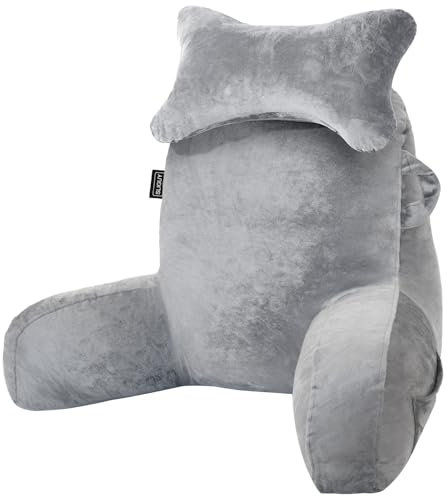 SLIGUY Almohada de lectura para sentarse en la cama, sofá para adultos, almohada de espalda con soporte para brazos y bolsillos, almohada de espalda para adultos para reposo en cama, leer, ver la