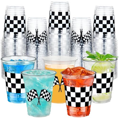 peony man 50 vasos de plástico a cuadros para fiestas de carreras de 16 onzas, color blanco y negro, vasos transparentes desechables para coches de carreras, fiestas, deportes, fiesta de cumpleaños,