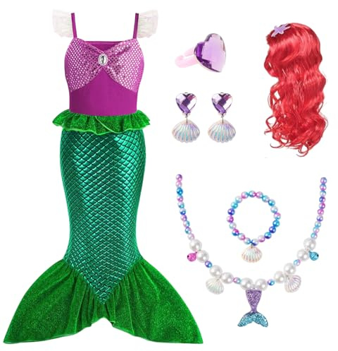 AOOWU Meerjungfrau Kostüm Mädchen, 6-Teiliges Set Meerjungfrau Kleid Mädchen mit Perücken, Halsketten, Armbänder, Ohrringe, Ringe, Kostüm Kinder für Karneval Party Halloween Weihnachten Cosplay（140cm）