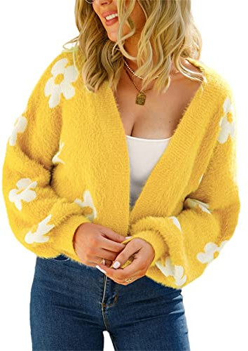 HEYPORK Damen Herbst Winter Warm Bequem Pullover Casual Mode Strickjacke Strickpullover Frauen Herbst Strickjacke StraßE Hipster Kurz Gestrickt Pullover Blumen Pullover(A Gelb, S)
