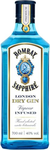 Bombay Sapphire Premium Distilled London Dry Gin, 43% vol., 70 cl / 700 ml, Ginebra Infusionada al vapor con 10 botánicos exóticos seleccionados a mano (Paquete de 6)