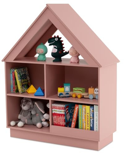 COSTWAY Bibliothèque Enfant en Bois à 3 Niveaux en Forme Maison avec 5 Compartiments, Meuble de Rangement de Jouet avec Kit Anti-basculement & Toit Unique, Étagère pour Salon, Salle de Jeux (Rose)