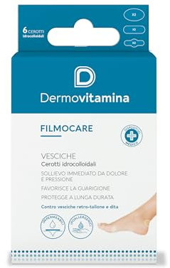 Cerotti Vesciche Piedi - Sollievo Immediato Contro Sfregamenti - Ideali per Scarpe Nuove, Lunghe Camminate - Protezione Impermeabile - 6 Cerotti Filmocare - Retro-tallone e Dita - Dermovitamina